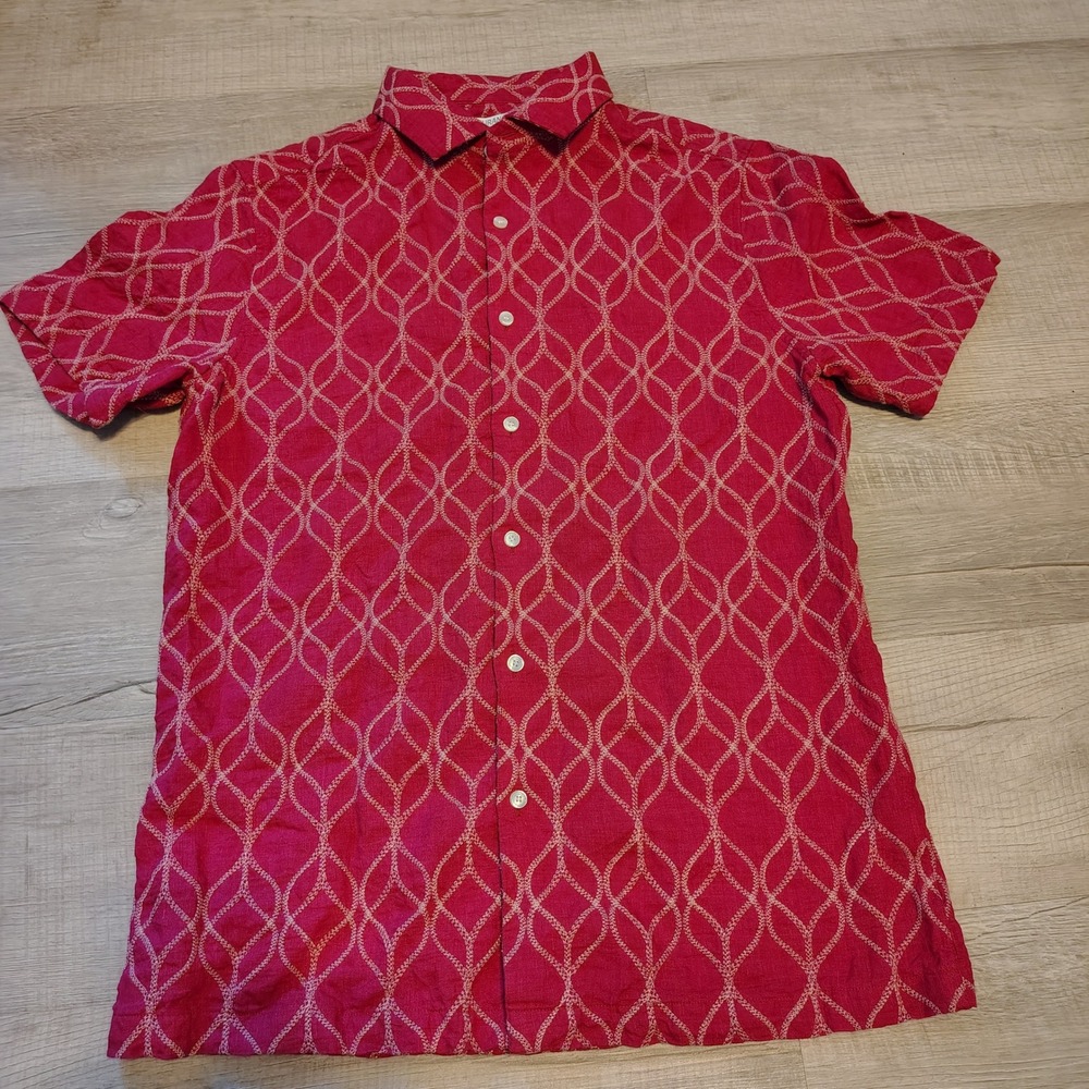 Murano Baird McNutt Mens Linen Shirt Slim Fit Pink Embroidered Short Sleeve L